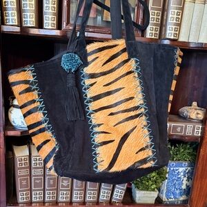 XOXO Black and Orange Tiger-Striped Suede Tote with Turquoise Stitching
